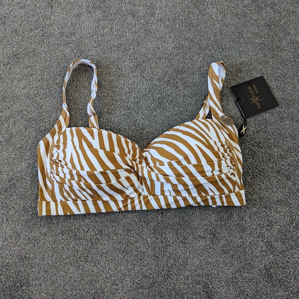 Niptuck Swim Natural Zebra Print Bikini Top Multi Fit Cup Women's 10 NEW